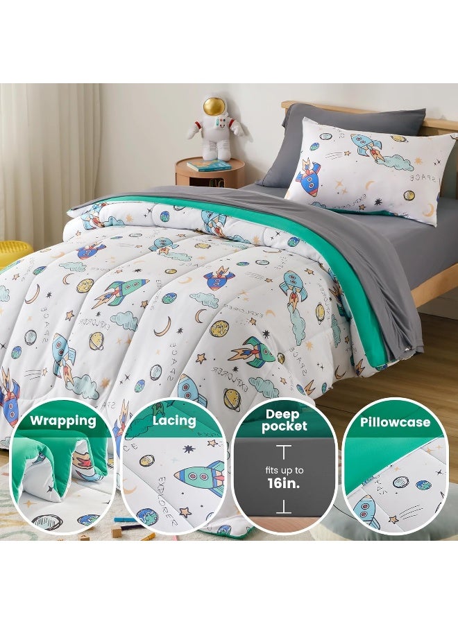 SLEEP ZONE Kids Comforter Set Twin Size, Jersey Knit 5 Pieces Bedding, Super Soft and Breathable Comforter with Sheets, Pillowcases (Multi Rocket) - Image 4